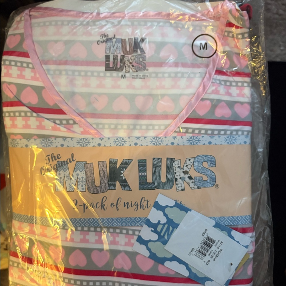 Muk Luks Heart and Stripe Pajama, 2 Sets- Pink, Gray, White & black shirts only.